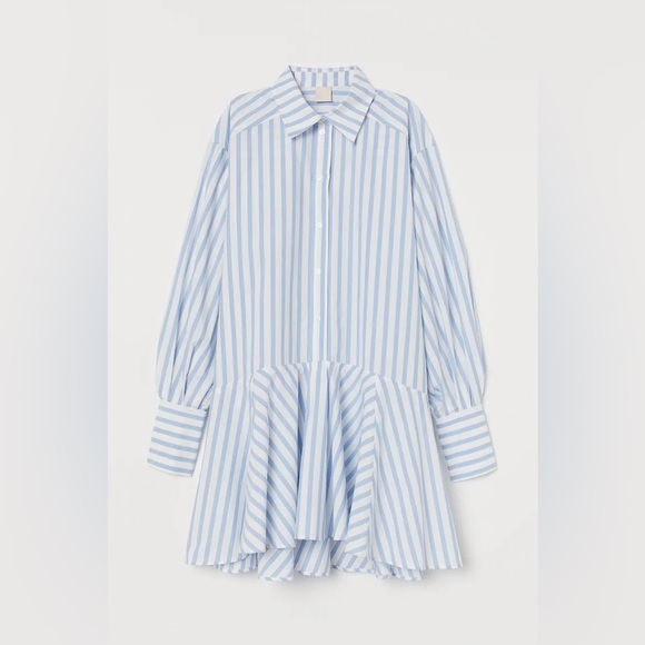 H&M mini dress long sleeve striped button down collar cotton peplum drop hem - Picture 1 of 8